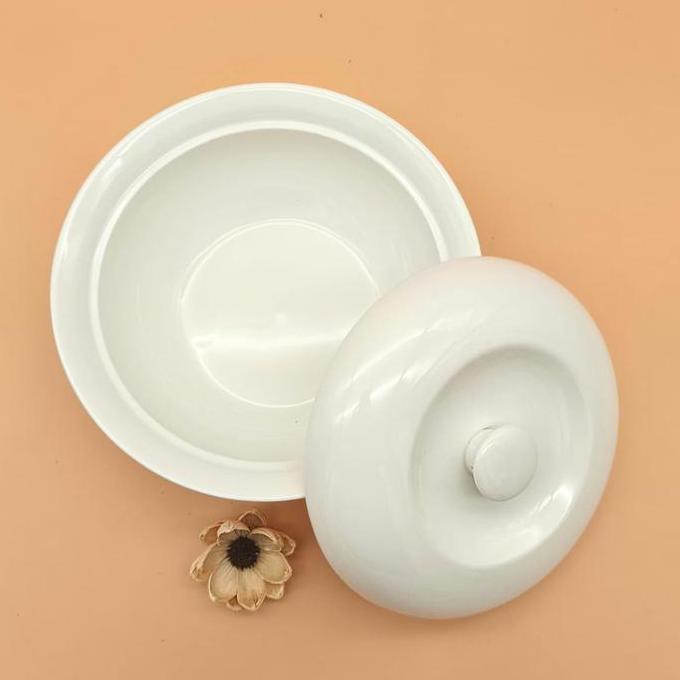 Mangkok Keramik Porselen Sup Tebal Dengan Tutup Warna Putih Polos ukuran 9,5 inch - Mangkok Ukuran B