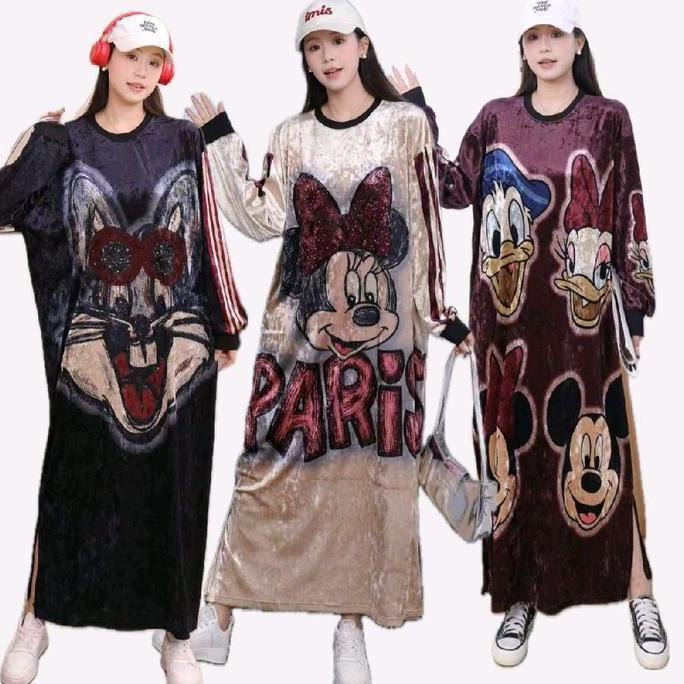 Dress big size velvet bludru panjang jumbo semata kaki Wanita Casual