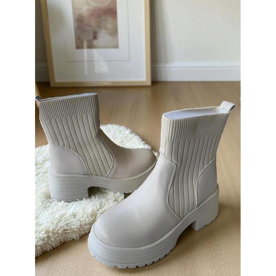 Boots Fashion Korea White Leather, Sepatu Boot Wanita Putih Fashion Musim Dingin