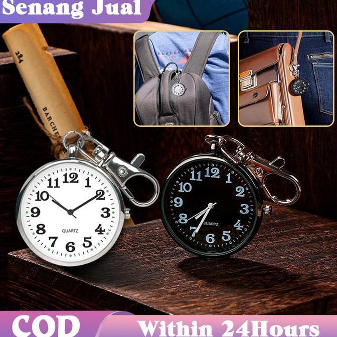 KATERINABLU Jam Saku Gantungan Kunci Quartz Analog Dial Bulat Simple Portable Jam Saku Digital