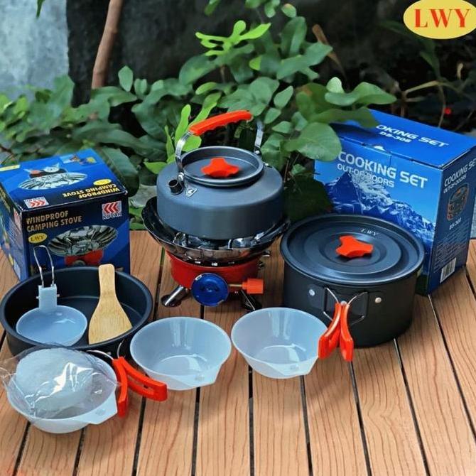 Itaratnasih - Paket Hemat Alat Masak Camping Lwy Ds-308 + Kompor Windproof Kovar Lengkap
