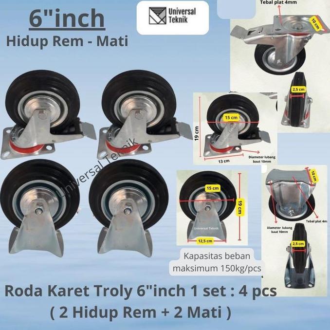 Promo Roda Karet Troli  6 Inch 1 Set = 4Pcs ( Hidup Rem-Hidup-Mati )