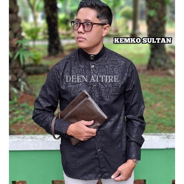 Kemeja Koko Sultan Embos Kemko Sultan Pria Dewasa Lengan Panjang  Motif Etnik Atasan Muslim Hitam Pu