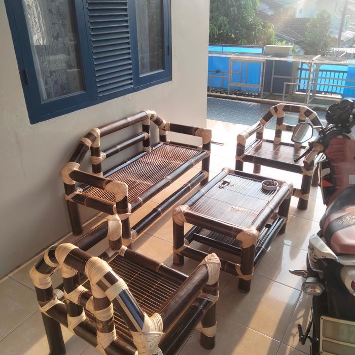 kursi bambu satu set minimalis ikat rotan