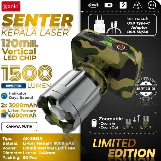 Raito- Senter Kepala Led Laser Aoki Ak-3695A 80Watt 1300 Lumen 6000Mah - Zoom Out Jarak Jauh - Tahan