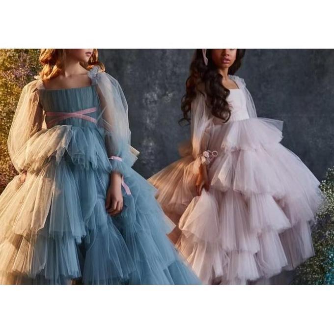 Gaun Anak  Dengan  Model Tumpuk Ekor  Warna  Biru Dengan Pink  Dress  Pesta Anan Anak Gaun Pengantin