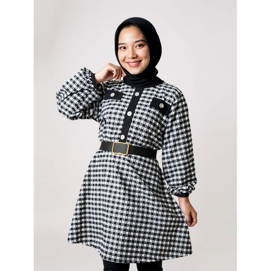 CARLINA ArunaExtu Kotak Tunik Dress Wanita Free Gesper