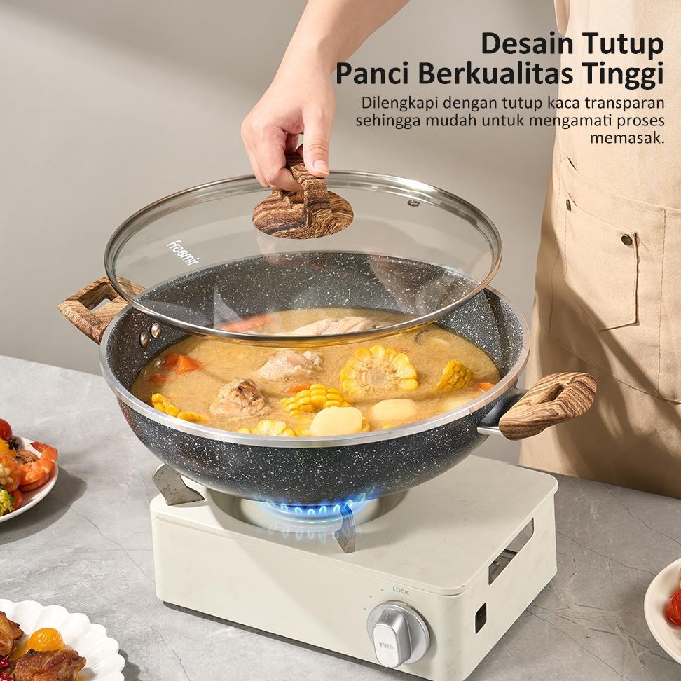 FREE ONGKIR [REKOMENDASI] FREEMIR WAJAN KUALI TUTUP KACA GAGANG KAYU GRANIT HITAM ANTI LENGKET GOREN