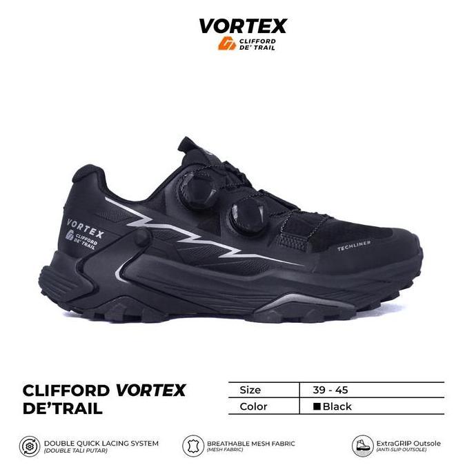 Hashiru- Clifford Vortex De'Trail Sepatu Trail Running Hitam Dengan Double Quick Lacing System Dan E
