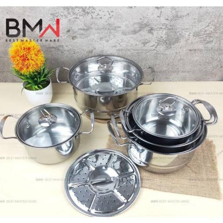 DISKON PANCI SET HIGH POT STEAMER 12PCS BMW/ PANCI SET ISI 5 TUTUP KACA+STEAMER