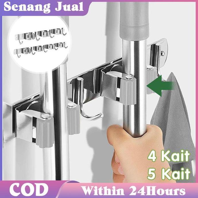 COKRODJOYO Tempat Gantungan Sapu 4 Slot 5 Kait Penjepit Gantungan Sapu Gantungan Sapu Dan Pel Stainl