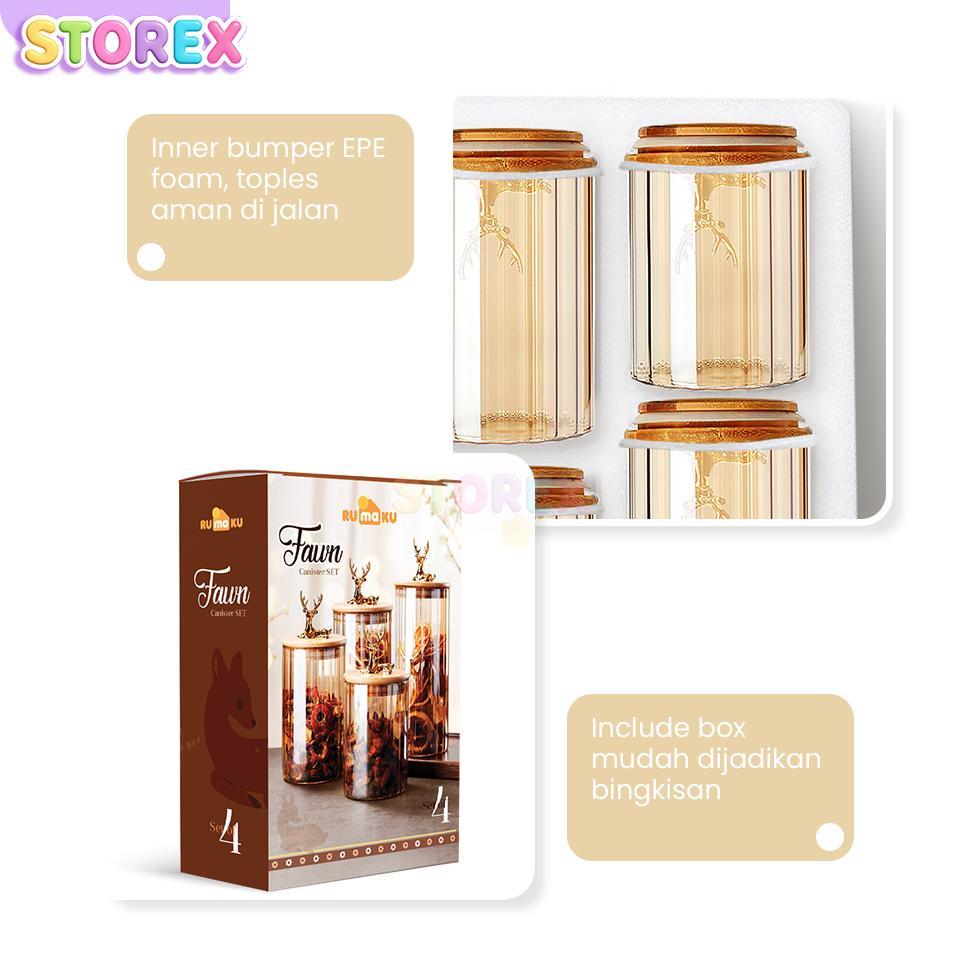 Saless Storex Toples Kue Toples Kaca 1 Set Kedap Udara Isi 4 Pcs Ornamen Rusa Gold Serbaguna Toples 