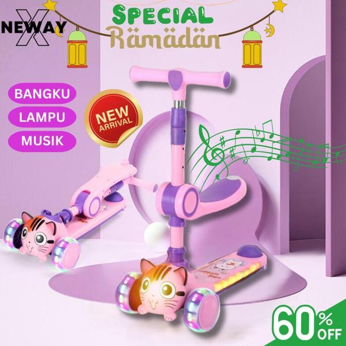 Newayx Skuter Mainan Anak Kucing 2 In 1 Scooter Lipat 2In1 Duduk Roda Tiga Musik Lampu Harimau