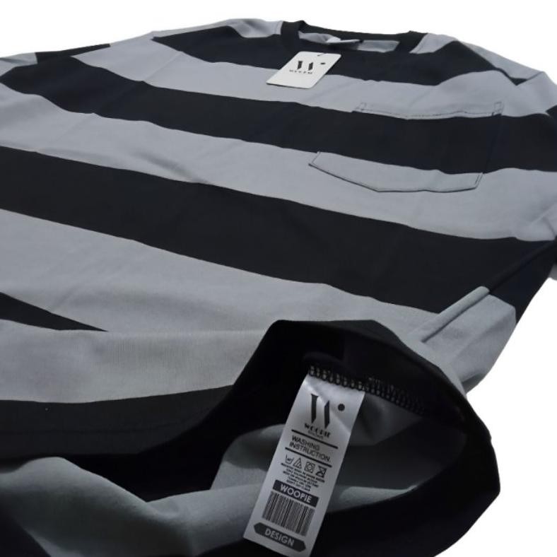Special Kaos Stripe Pocket Distro Woopie Project Original Bahan Katun 24S Baju Salur Pria Wanita Uni