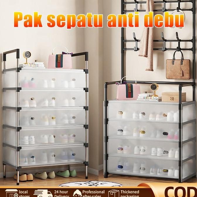 SINISTER- Rak Sepatu Anti Debu 5/6/7 Lapis Dinding Besi Kuat Tebal Rak Tas Serbaguna Dengan Penutup 