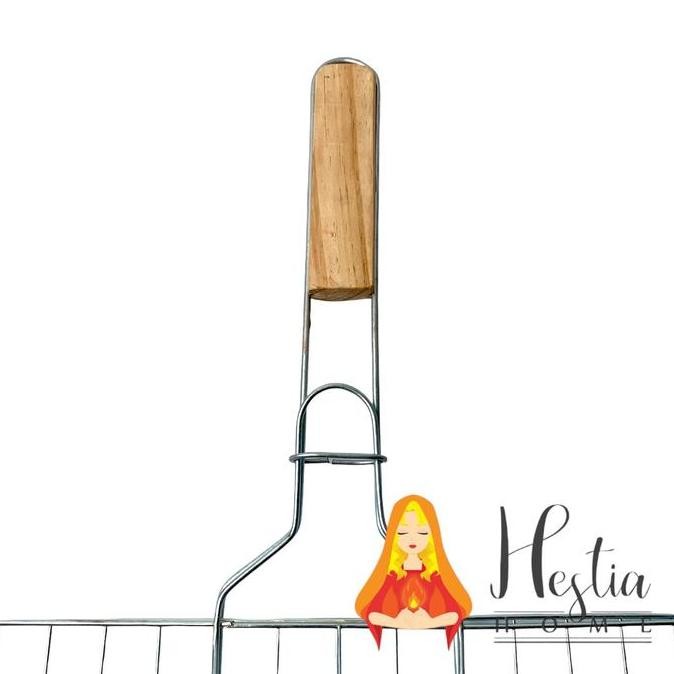 Panggangan Ikan Gagang Kayu Alat Panggang Jepit Stainless Multiguna