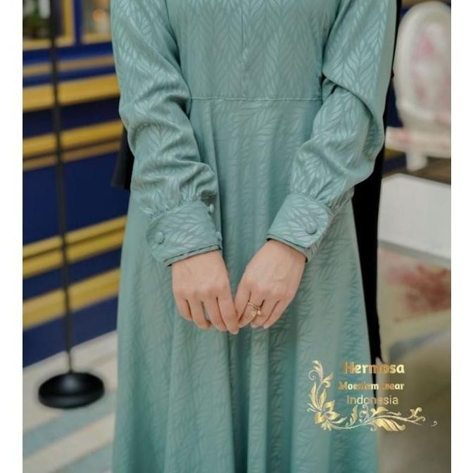 DF358>> Gamis embos hermosa motif padi warna wardah-gamis wardah hermosa-gamis hijau wardah Kancing 