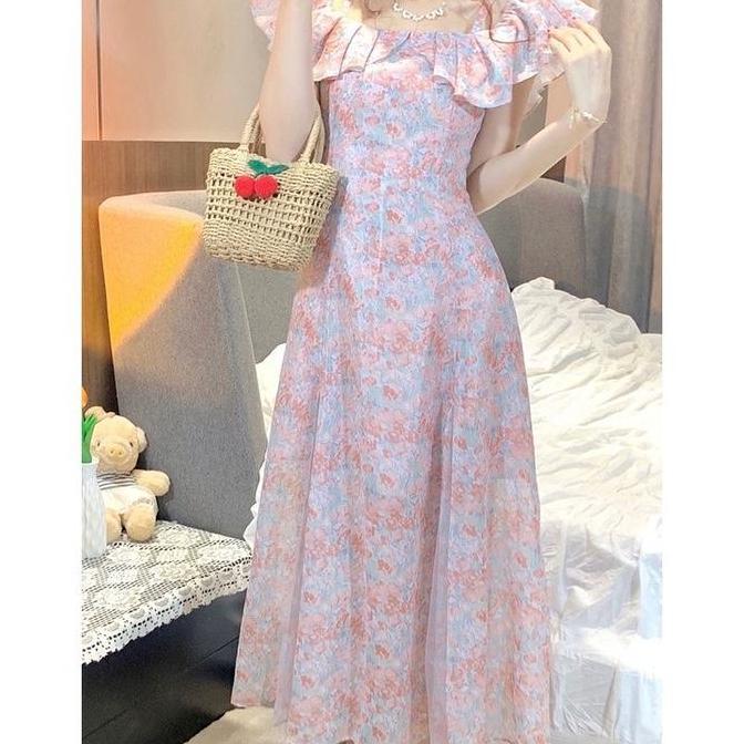 988 Gaun pink summer dress big size party dress women manis floral Gaun terbuka  modis  sexy big siz