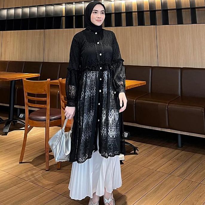 Black Outer Tunik Brukat Cardigan Brokat Lengan Panjang Outer Hitam Atasan Outher Brukat Outer Broka
