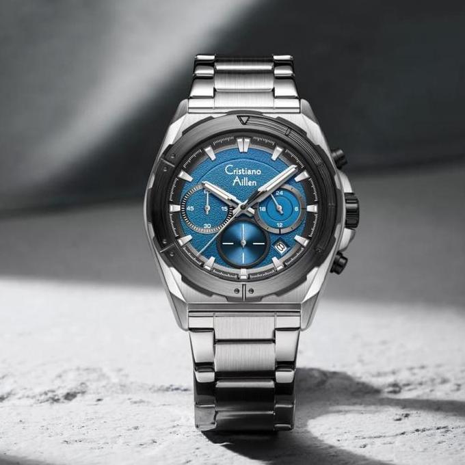 Buy 1 Get 1  Cristiano Aillen Jam Tangan Pria Analog 8901 Rantai Stainless Steel Chronograph Kaca Sa