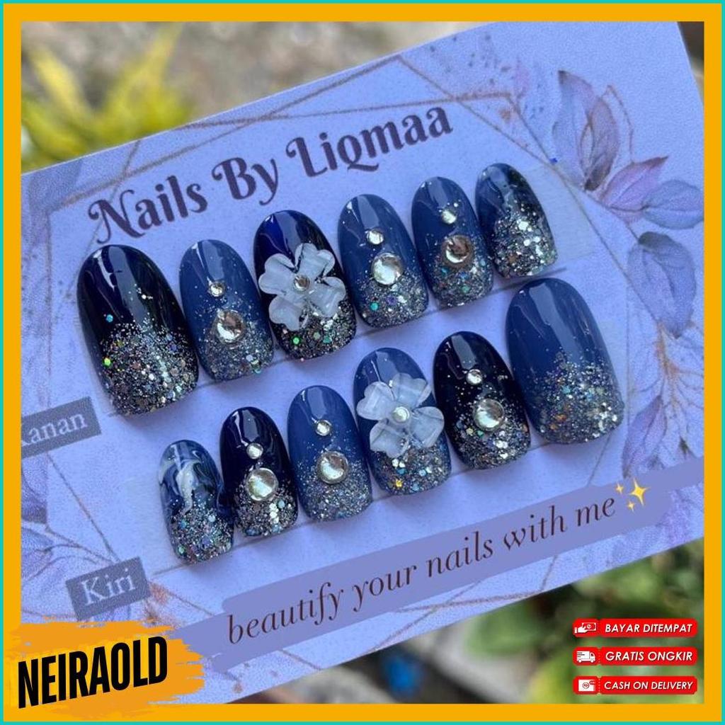 Diskon Kemerdekaan Kuku Palsu Navy Kombi Bunga/ Kuku Palsu Wedding