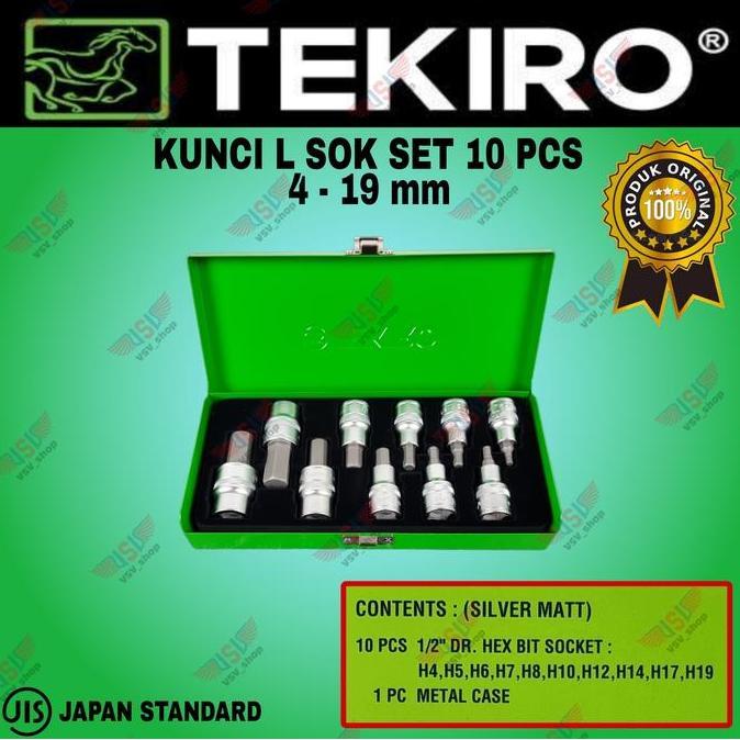 Tekiro Kunci Sok L set 10pcs 4-19mm L Sok 1/2"DR Hex Bit Socket Set 10