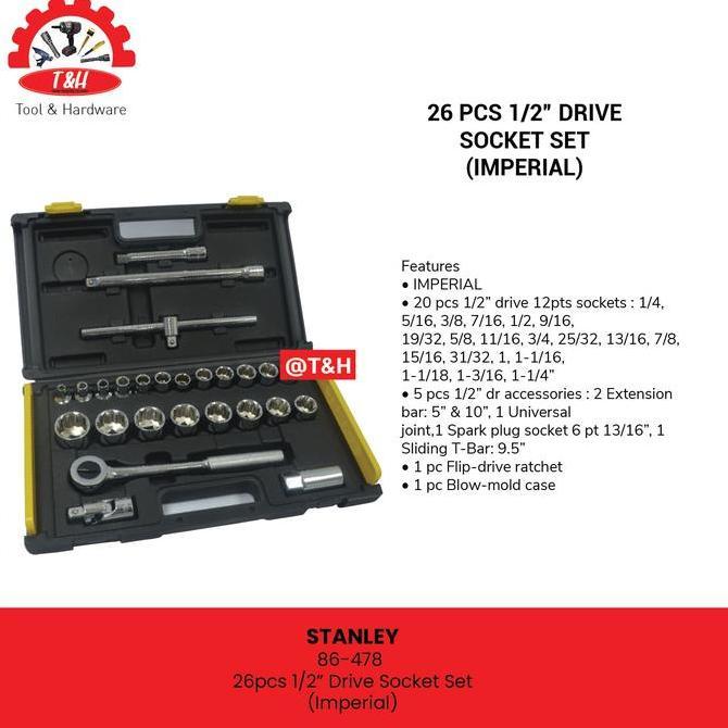 STANLEY / 86-478 26pcs 1/2 Drive Socket Set (Imperial)/Kunci Shock