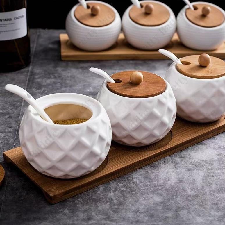 Toples Penyimpanan Bumbu Dapur, Set Toples Bumbu Dapur Keramik Combo Jar, Set 3 Buah 3 Toples + 1 Wa