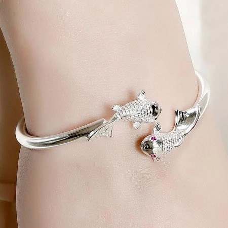 Gelang Perak Asli 999, Model Ikan Koi dengan Batu Merah, Aksesori Wanita Fashion