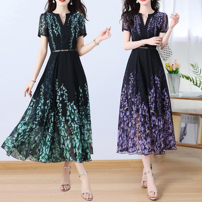 Promo panjang dress kondangan premium dres sifon motif bunga dress flora hitam  modern terbaru elega