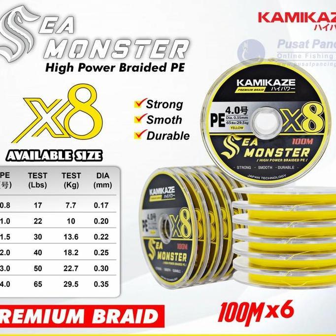 KAMIKAZE Snar Pancing Pe SEA MONSTER X8 (YLW) 100M Connecting