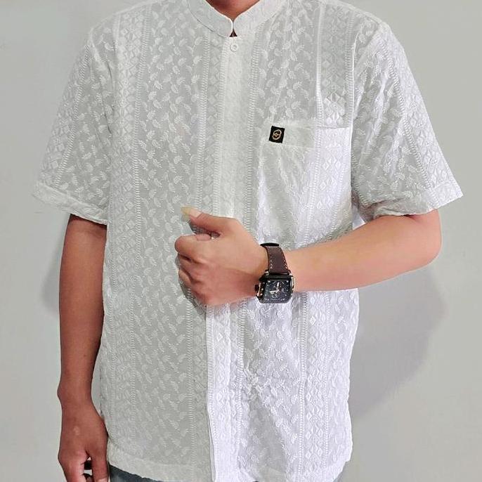 Baju Koko Katun Paris Senada Muslim Katun Full Bordir Putih - Koko Paris Khalisa