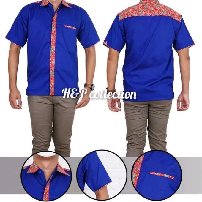 Enzino Kemeja Seragam Kerja Polos Kombinasi Batik Merah Hitam Biru Muda Putih Katun