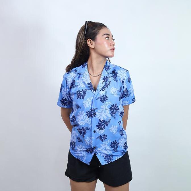 DF10 >> GOKS Baju Kemeja Motif Cowok Cewek Bali Pantai Surfing Hawai Dowear Kemeja Jumbo BUNGA BIRU 