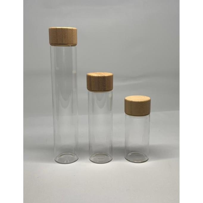 Tabung Kaca / Botol Kaca / Gelas Kaca / Tabung Sampel / Tutup Kayu / Kaca Bening