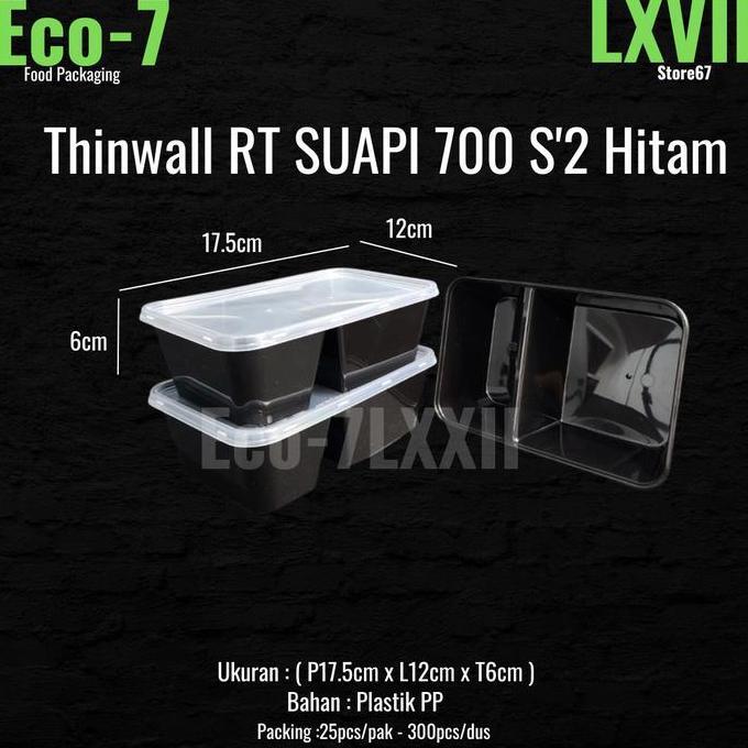 Lunch Box Plastik Thinwall Persegi Sekat 2 700ml Hitam
