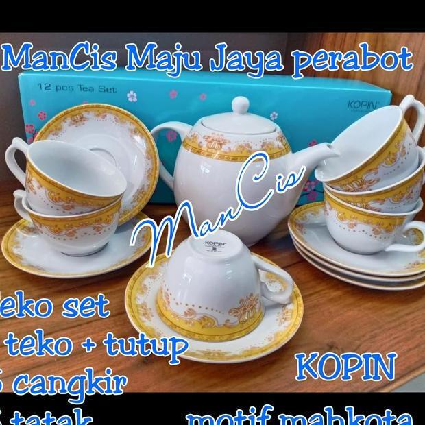 Teko Set Cangkir Kopi Teh Motif Mahkota Kopin Keramik Porcelaingojek