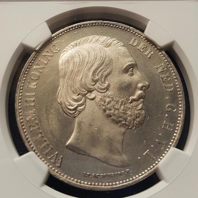 Koin Perak NGC Netherlands Belanda Willem III 2 1/2 Gulden 1874 UNC SMR