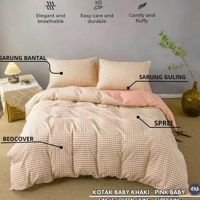 Bedcover Set/Bedcover+Sprei Set Motif Kotak-Kotak Kecil Khaki Aeshtetic Dekorasi Ukuran Single-Extra