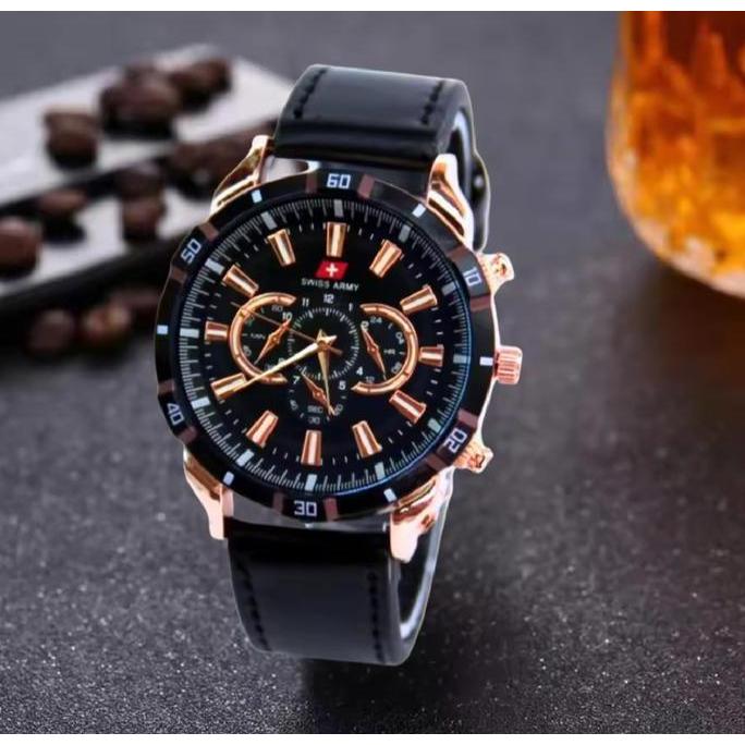 DB63>> BELI 1 DAPAT 3 - Jam Tangan Pria Tali Kulit Keren Bonus Dompet Kulit Dan Kacamata Keren - BIS