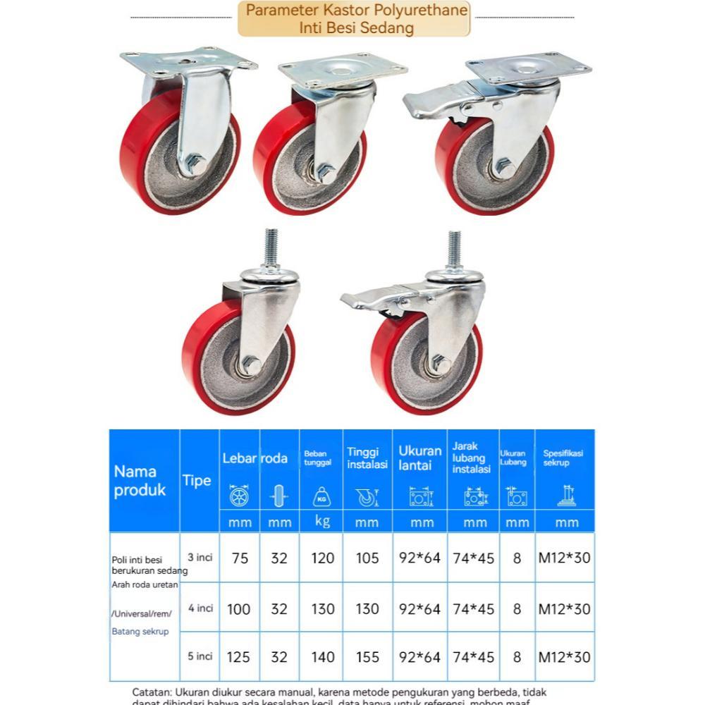 Roda PU Troli Heavy Duty Merah 4 Inch (Hidup) Roda Troli