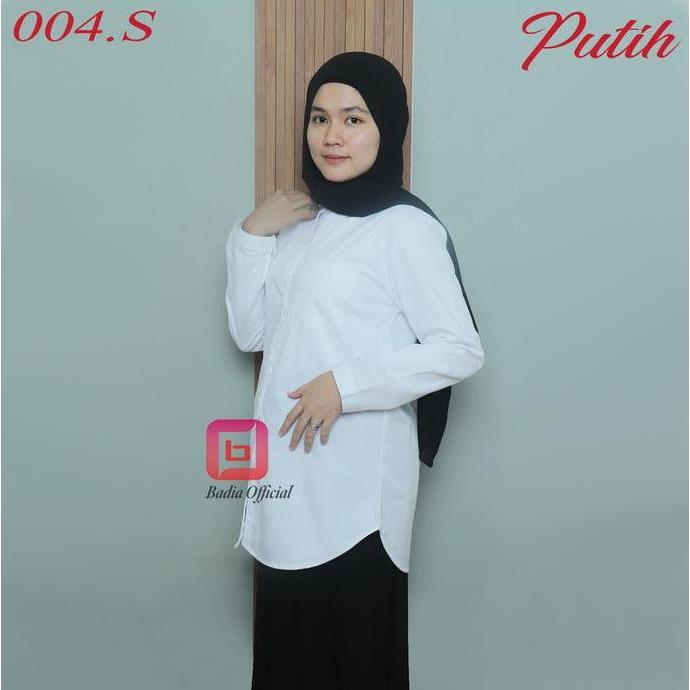 Promo kemeja tunik putih tanpa kerah saku kantong depan polos wanita shanghai panjang jumbo premium 