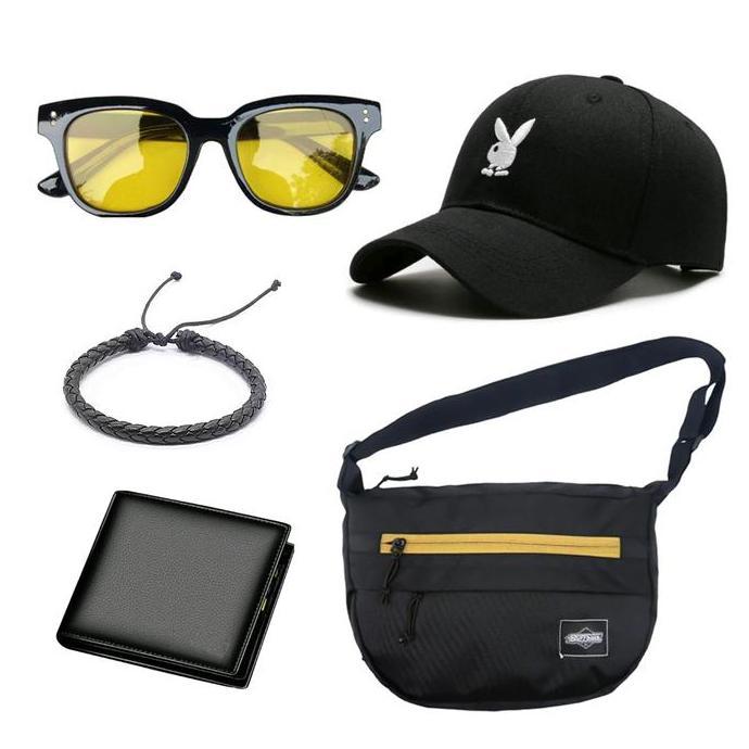 DE138 - PAKET BUNDLING Tas Selempang / WaistBag Pria Trendy | Kacamata | Topi | Dompet | Gelang | FR