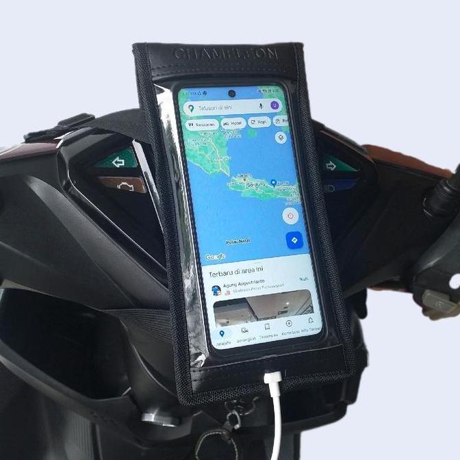 HOLDER HP MOTOR WATERPROOF SUPPORT LUBANG CHARGER Handphone Hitam Smartphone