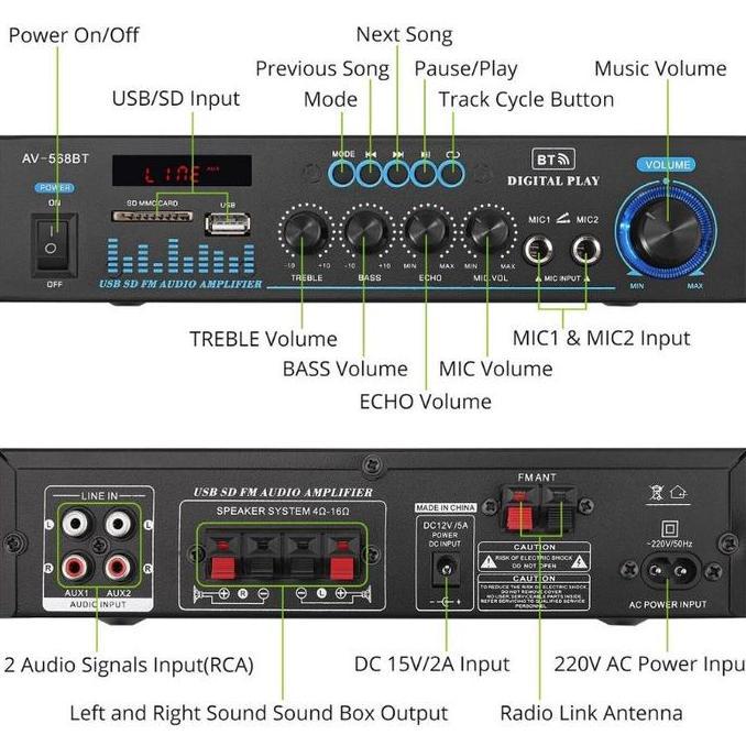Power Amplifier Subwoofer Bluetooth AV-668BT Amplifier Karaoke Amplifier Board Audio FM USB SD Power