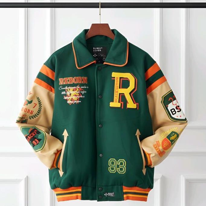 VARSITY JACKET BRITAIN REBORN GREEN CREAM | JAKET BASEBALL BORDIR ORIGINAL UNISEX Lembut Nyaman Pria
