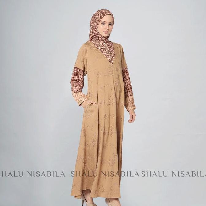 Shalu Nisabila - Jean Dress Gamis Bordir Kombinasi Panjang Coklat Maroon Grey Nyaman Syari Premium F