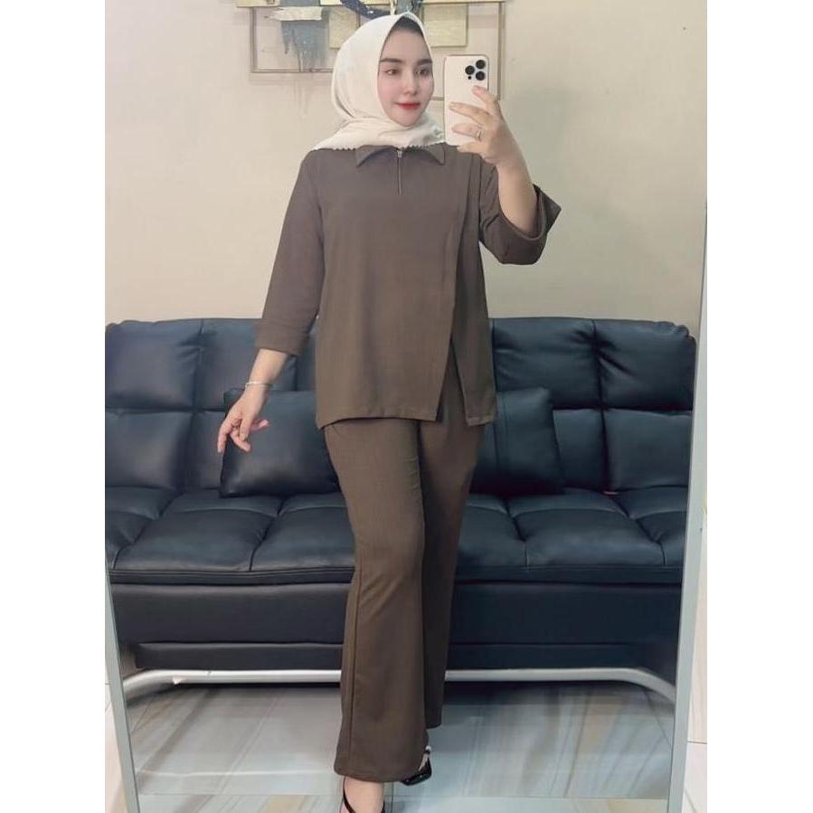 Davina Oneset Setelan Knit  Muslim Wani Ta Cantik Celana Panjang Cutbray Nyaman Baju Dewasa  Linen J