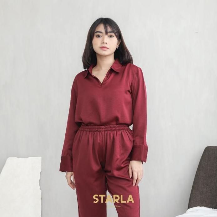 Starla One Set Wanita Atasan Celana Panjang Piyama Baju Tidur Satin Kanaya murah