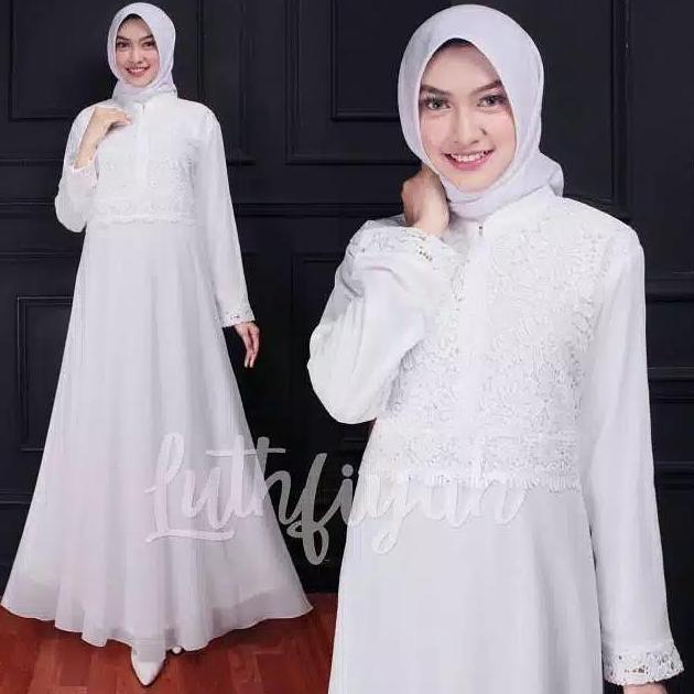 Gamis Ceruty Model Payung Cantik Mewah Polos Bunga Putih Kancing Muslim Panjang Nyaman Pesta Dalaman